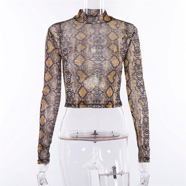Casual Green Snake Print T Shirt Women Mesh Top Long Sleeve Transparent Snakeskin Female T-shirt High Neck Crop Tops GRNSHTS