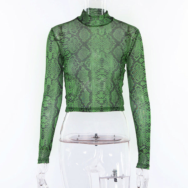 Casual Green Snake Print T Shirt Women Mesh Top Long Sleeve Transparent Snakeskin Female T-shirt High Neck Crop Tops GRNSHTS