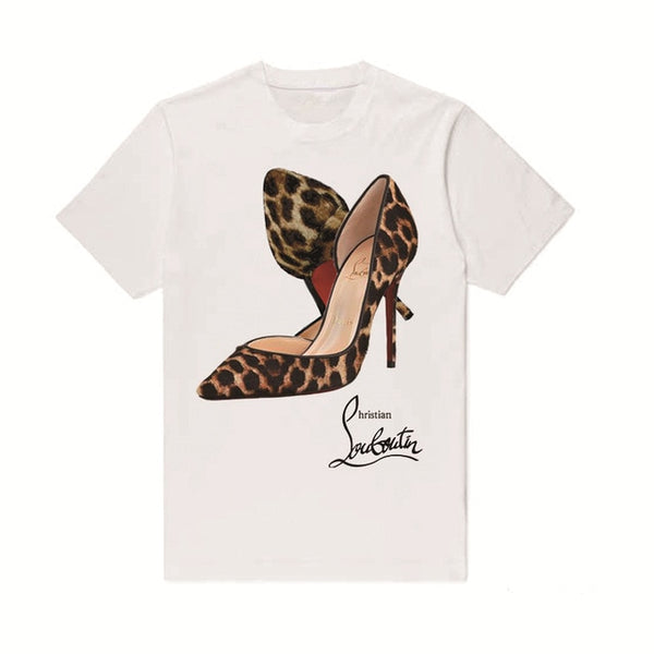 Luslos Hot Sale New Street Style Women Casual Short Sleeve O-neck Cotton T shirt Leopard High-heeled Printed Graphic Tees Female