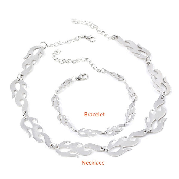 SG Punk Flame Necklaces Clavicle Hip Hop Flame Rock Chain Bracelets Oorbellen Collar Metal Lady Girl Choker Fashion Jewelry