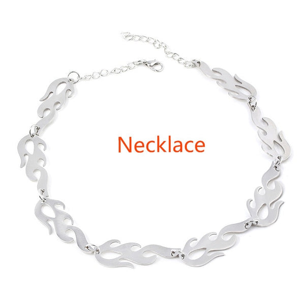 SG Punk Flame Necklaces Clavicle Hip Hop Flame Rock Chain Bracelets Oorbellen Collar Metal Lady Girl Choker Fashion Jewelry