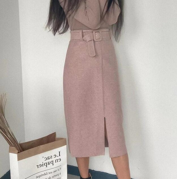 Women Winter Skirt Pink Wool High Waist Midi Skirt With Belt Warm Elegant Pencil Split Skirts