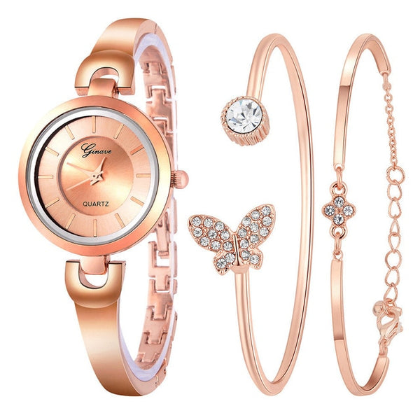Casual Elegant Butterfly Quartz Bracelet Watch 3 PCS Set Women Rose Gold  Simple Jewelry Ladies Small Dial Wristwatch